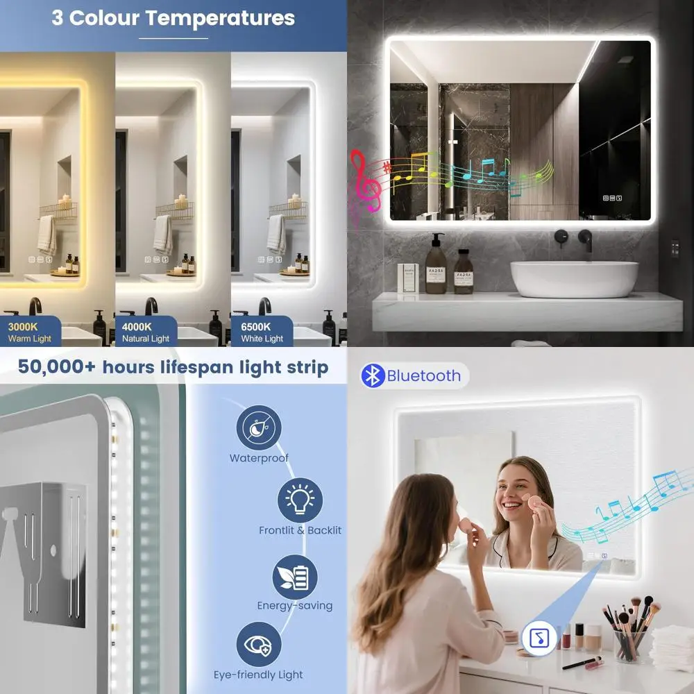 

24x32 Inch LED Wall-Mounted Bathroom Mirror with Bluetooth Speaker, Anti-Fog, Adjustable Color Temperature, Dimmable Brightness,