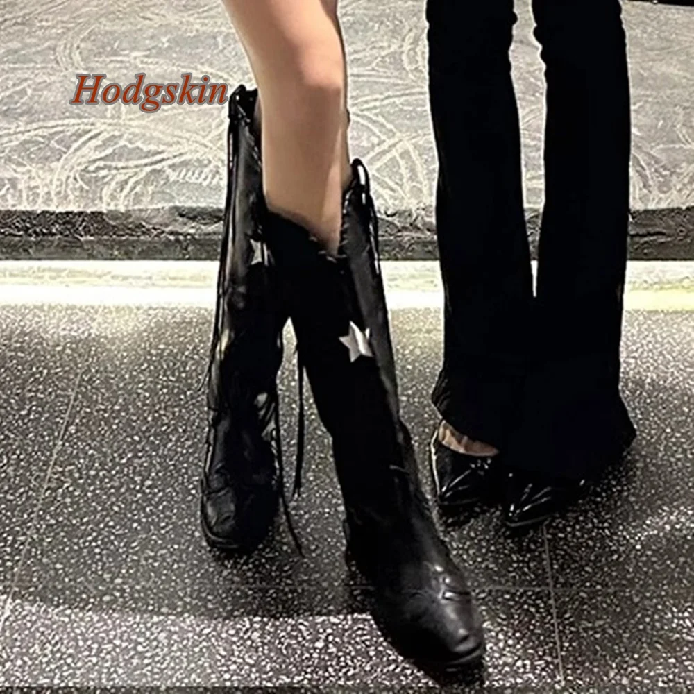 Fringe Slip On Chunky Heel Patchwork Boots Pointed Toe Black Pumps Embroidered 2025 Newest Fashion Casual Knee High Autumn Boots