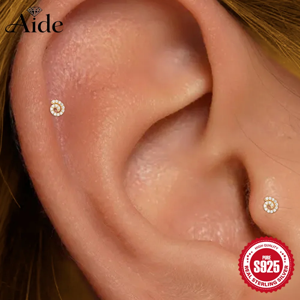 AIDE 925 Sterling Silver Sparkling Spiral For Women 16G Cartilage Helix Flat Back Piercing Ear Bone Earrings Fine Jewelry Gifts