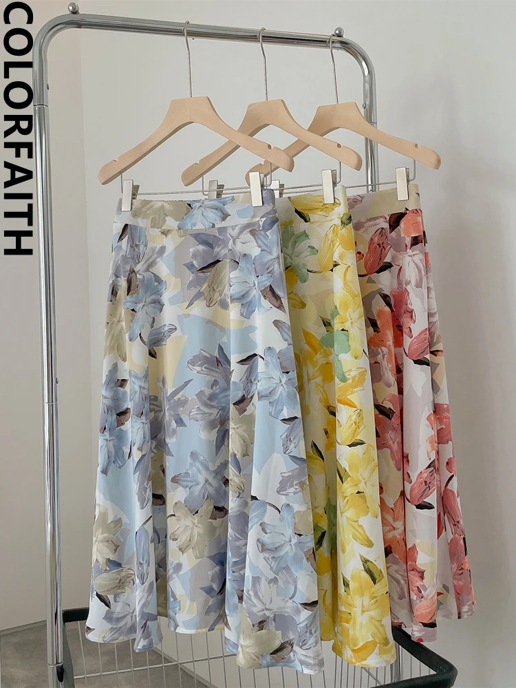 Colorfaith 2022 New Chic Lily Floral Printed Elegant Korean Fashion Flared High Waist Spring Summer Women Long Skirts SK1665JM