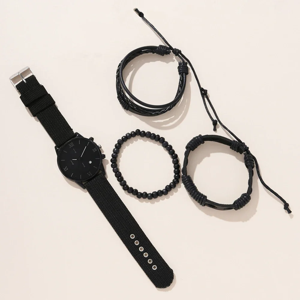 New Men's Watch Luxury Bracelet Set Multi Pieces Fashion Business Black Leather Quartz Watch Gift Box for Men Reno Masculino