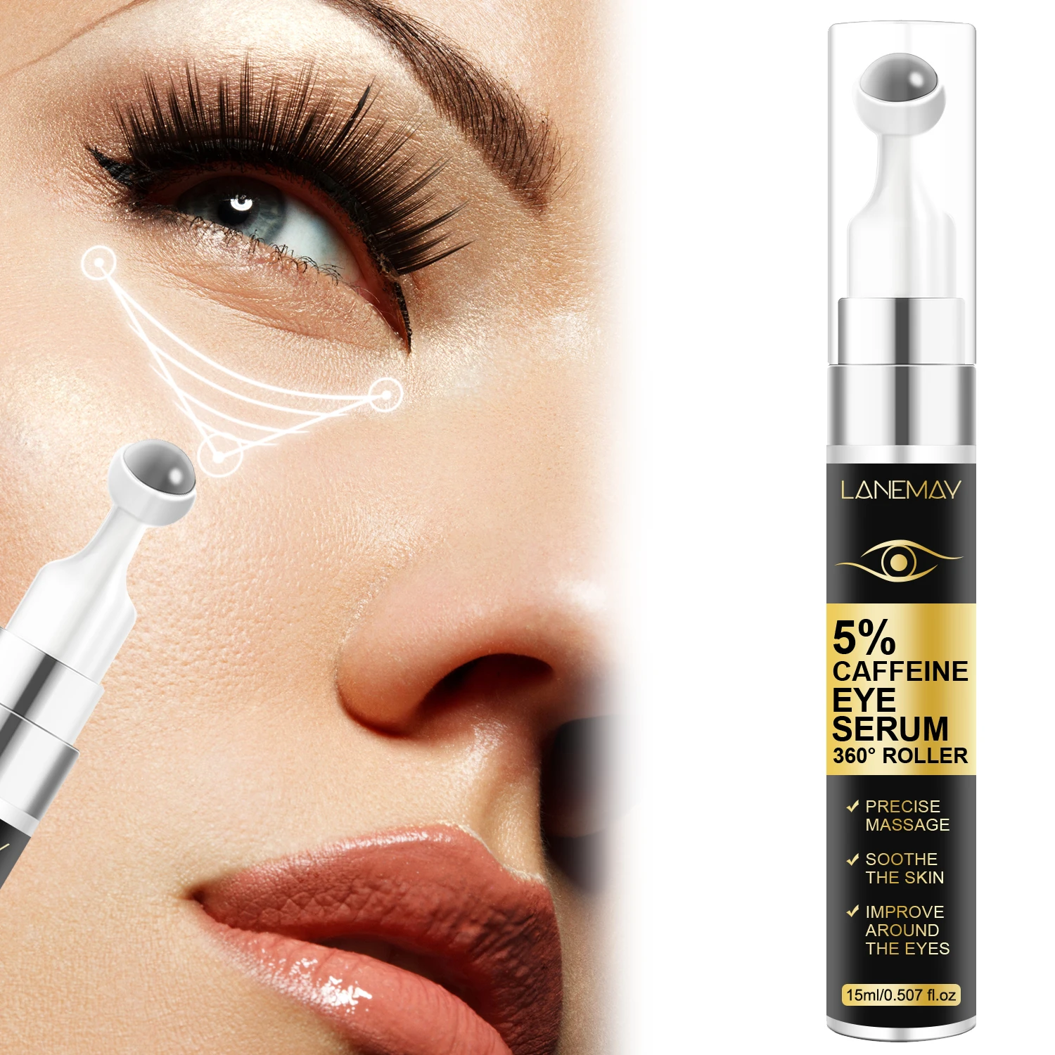 Caffeine Remove Dark Circles Eye Serum Roller Massage Eye Bag Removal Anti-Wrinkle Puffiness Moisturise Brighten Korean Skincare