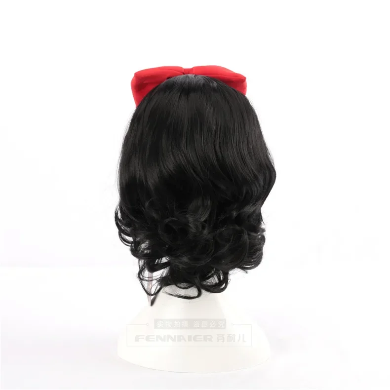 Halloween Women Snow White Princess cosplay Wig Stage Role Play black wavy hair with red bowknot hairband