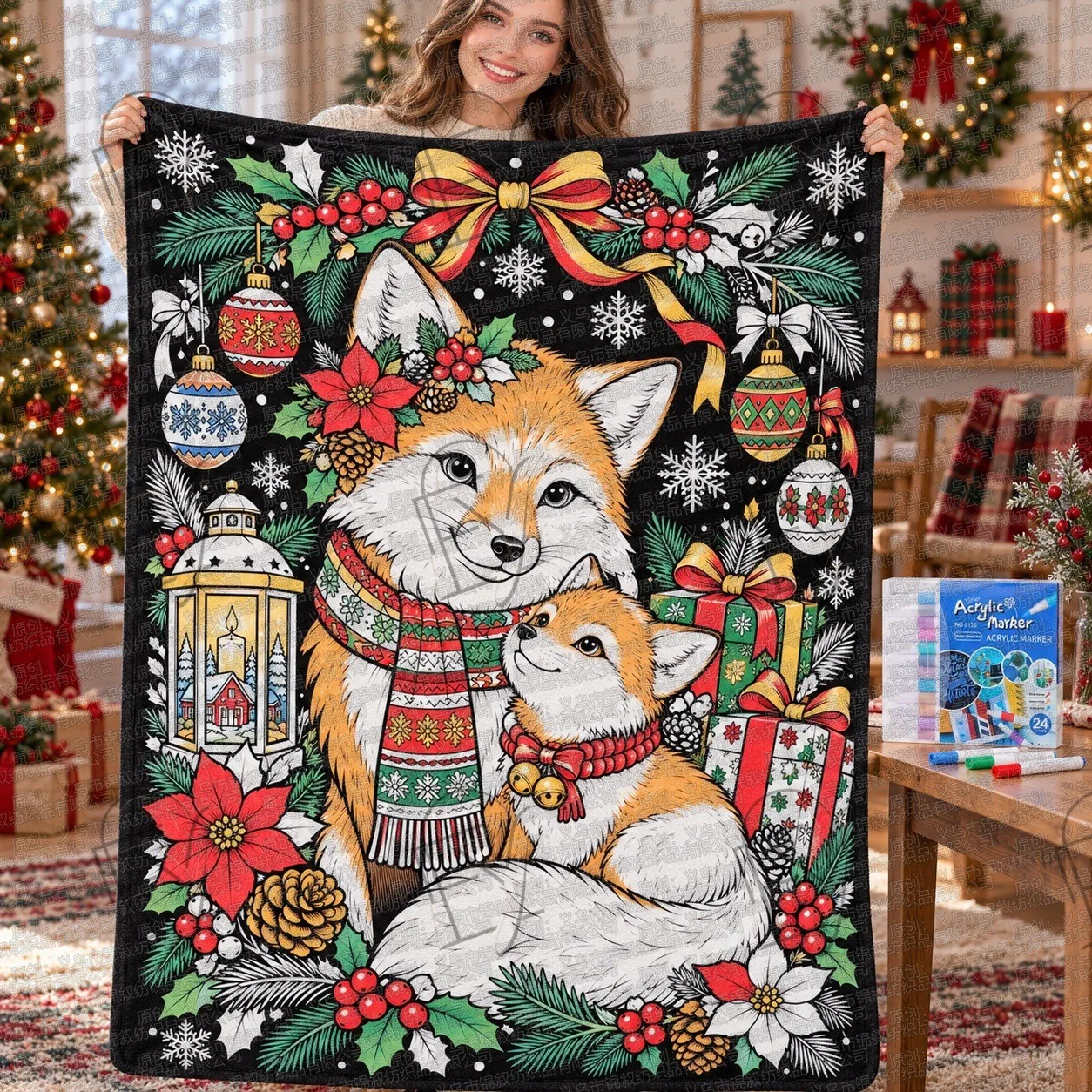 Fleece Throw Blanket Winter Red Fox Mother Calf Pattern Sketch Unfinished Custom Colorable Blanket Set