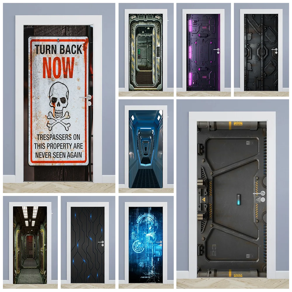 

Современные технологии космический корабль металлические ворота дверь наклейка самоклеящиеся Hitech абстрактные линии плакат для комнаты мальчика дверные художественные наклейки