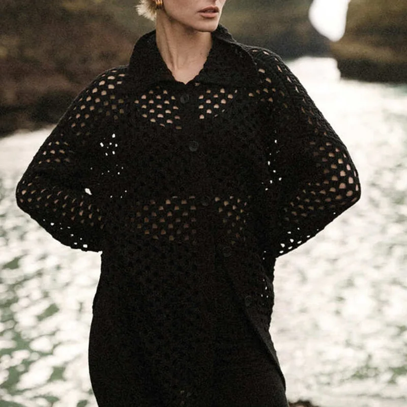 Spring/Summer 2025 New Style Women's Casual Collar Knit Mid-Length Hollowed-Out Top