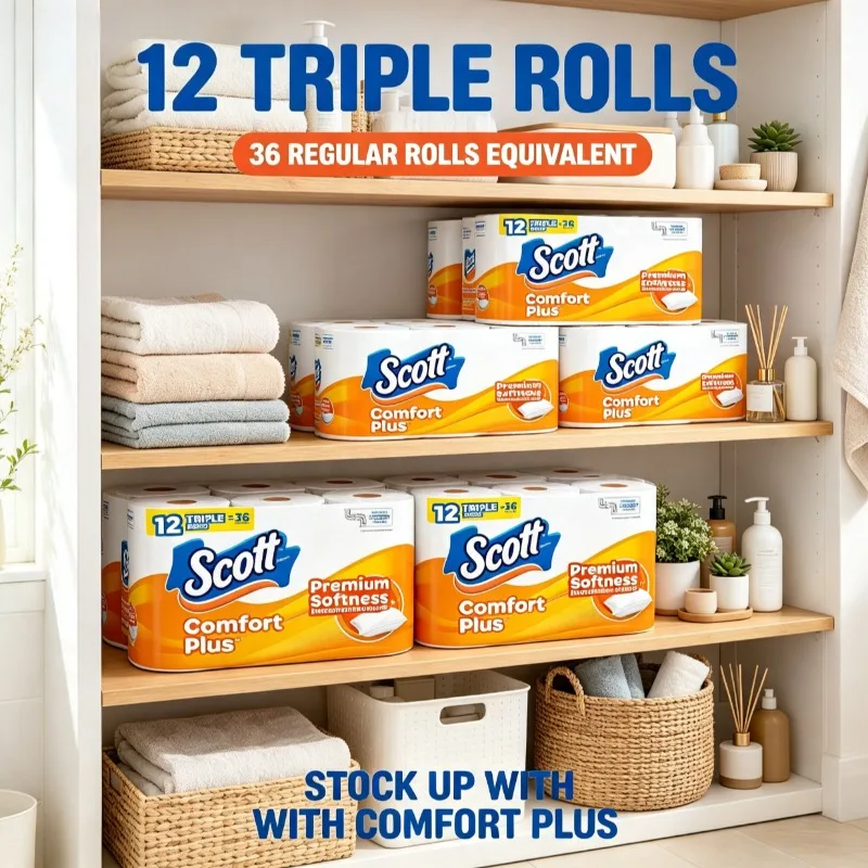 Papel Higiênico Scott Comfort Plus Macio, 12 Rolos Triplos, Absorvente e Suave para Uso Diário em Banheiros Domésticos
