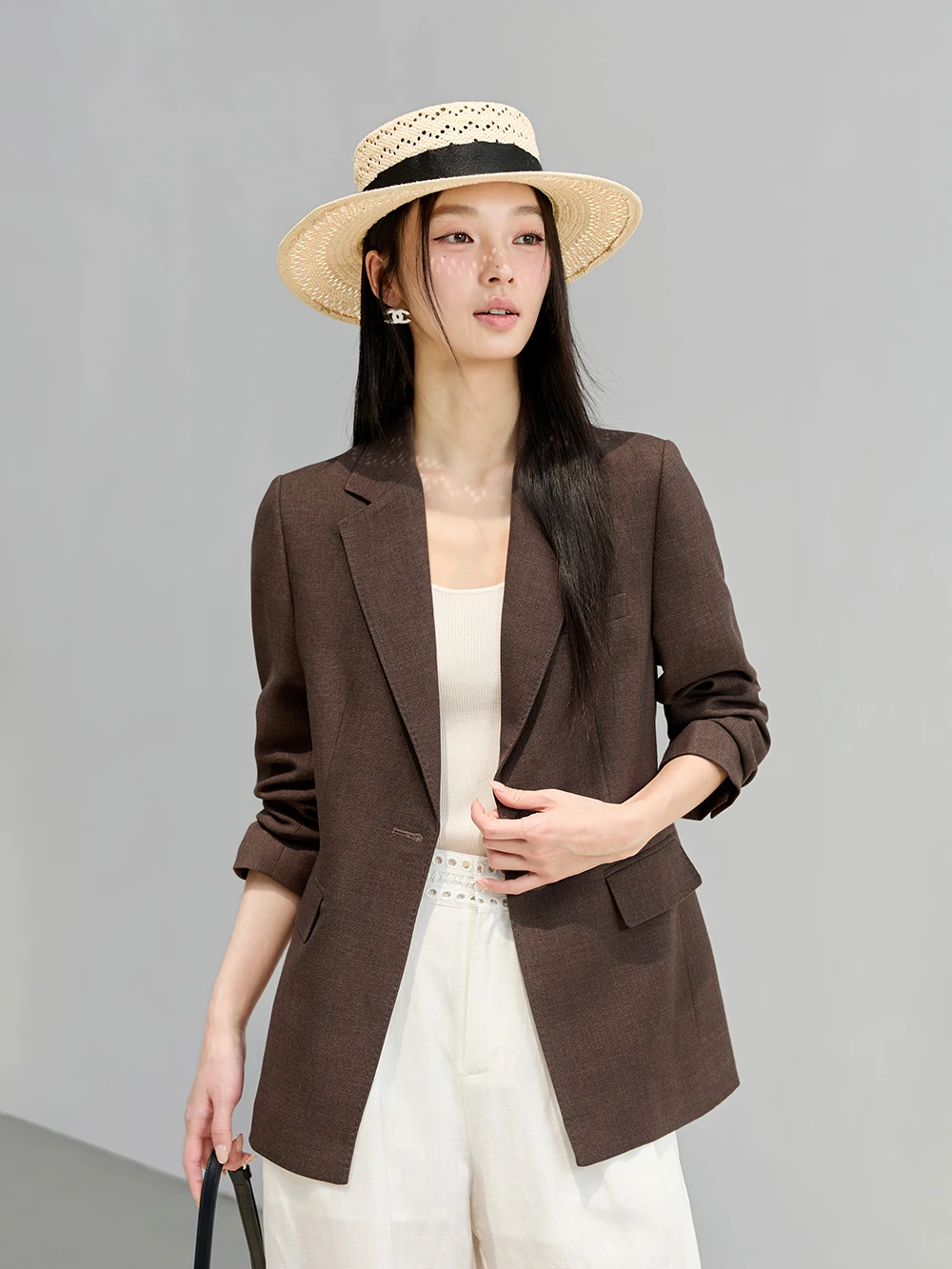 Elegant Linen Cotton Commute Jacket 3D Tailoring One Button Suit Top Breathable Long Sleeve Pure Color Front Button Design