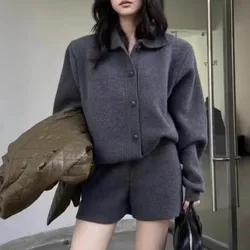 Autumn Winter New Two-piece Knitted Sets Single Breasted Sweater Top High Waist Shorts Korean Fashion Casual Outfits Solid Suit