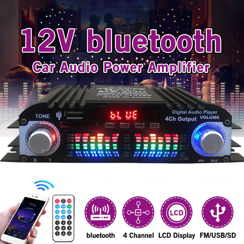 BT-998 12V/220V Mini bluetooth HiFi Power Amplifiers Stereo Car Home Audio Digital Sound Amplifier LCD Display FM SD USB Bass