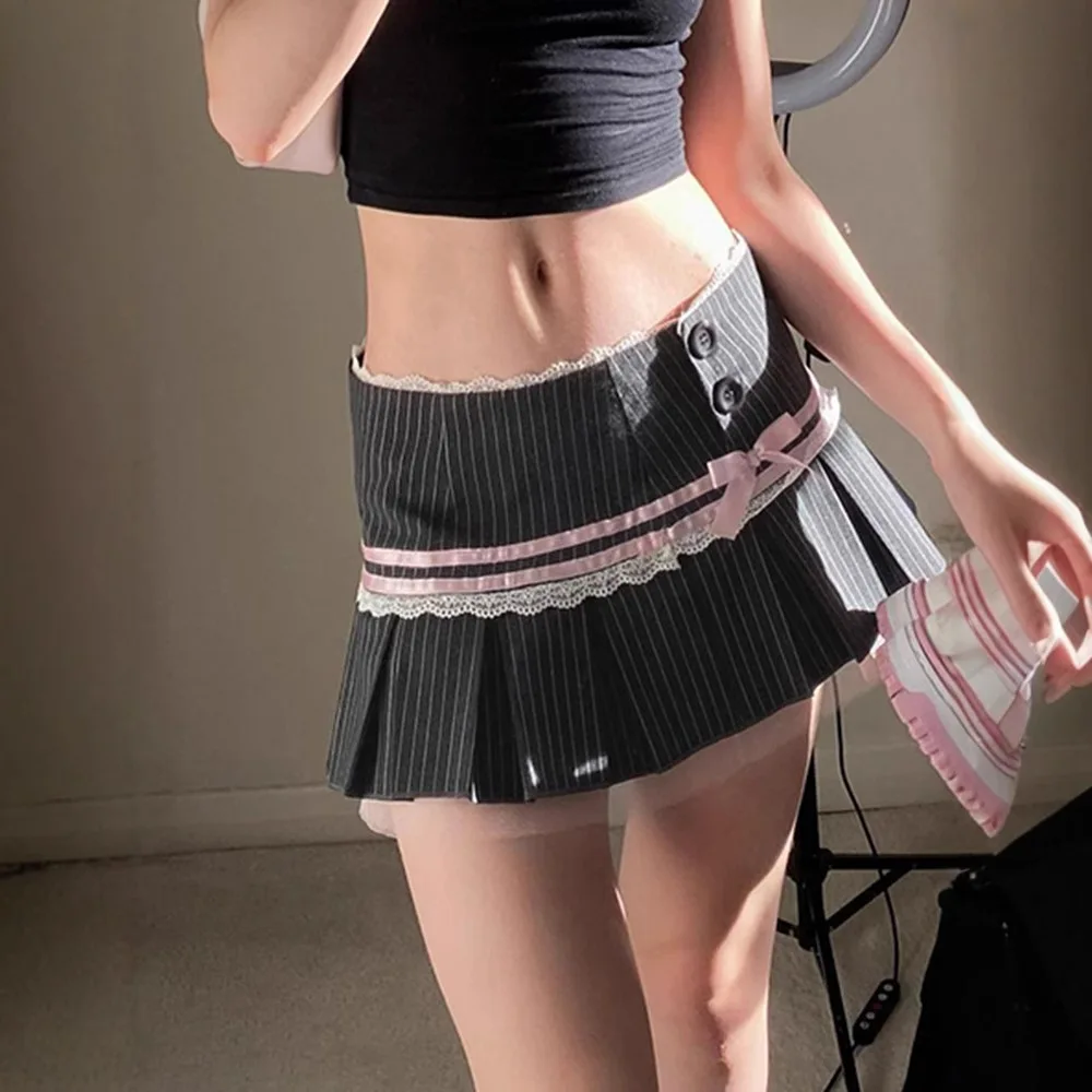 

Ballet Contrasting Striped Bow Lace Splicing Skirt Suit Material Pleated Skirt