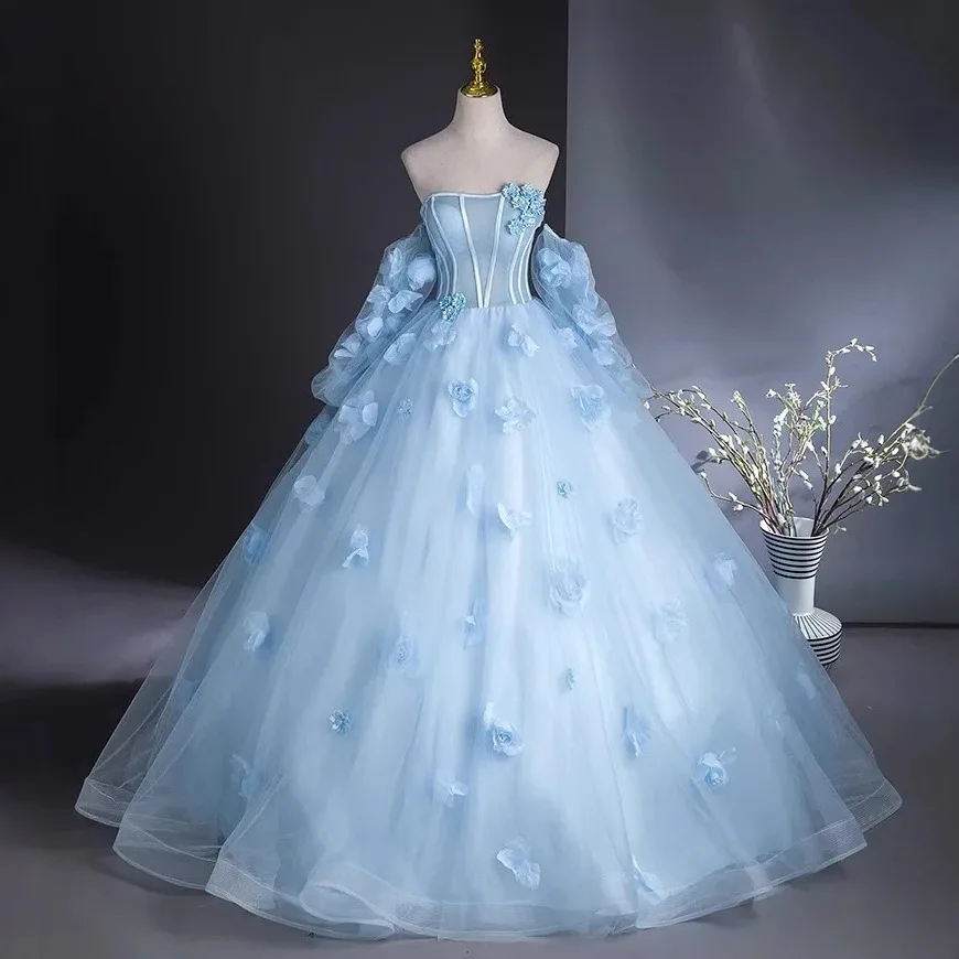 

2025 цветы платья для выпускного вечера с длинными рукавами Princess be de bal без бретелек светло-голубое вечернее платье для женщин