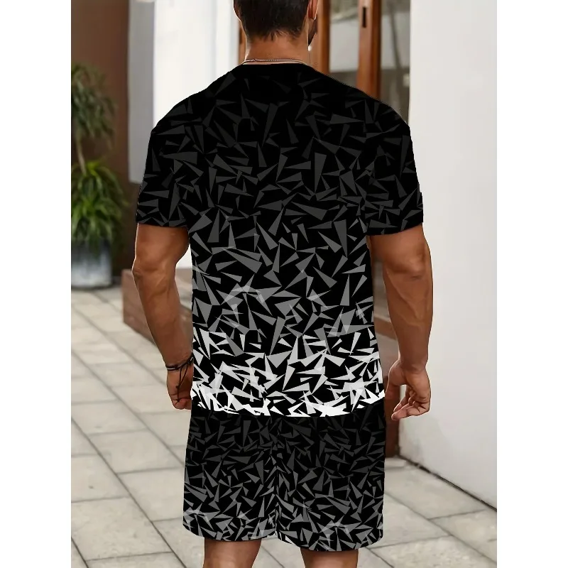 2025 Creative Fashion New Trend Summer 3D Digital Printing Casual Round Neck Short Sleeved Shorts Set Retro Men's T-shirt