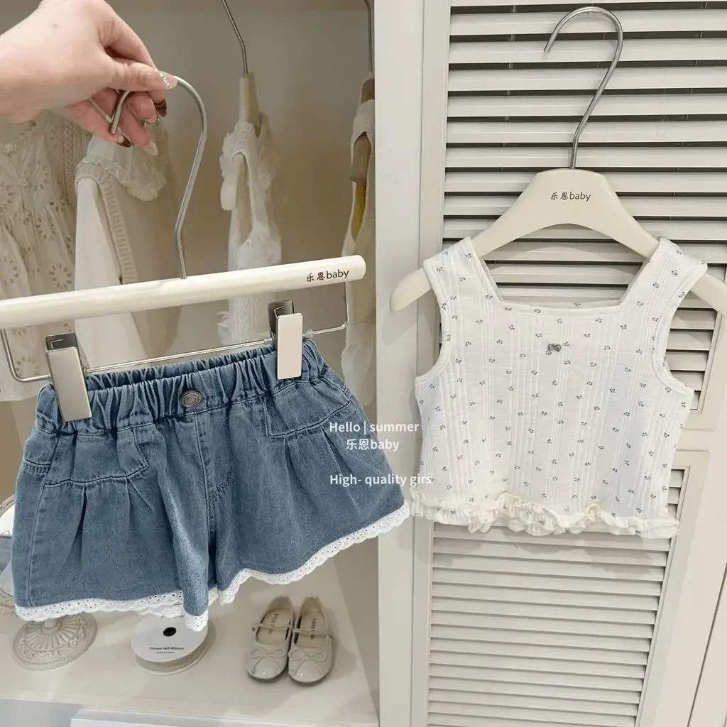 

2025 Girls Baby 2pcs Summer Clothing Set Sweet Lace Tops Tees Shirts+denim Shorts Fashion Kids Children Birthday Casual Clothes