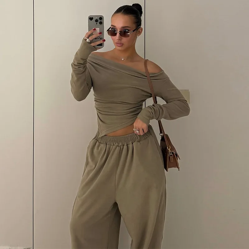 المرأة مزاجه طوق واحد بأكمام طويلة سليم صالح الأعلى بنطال ذو قصة أرجل واسعة مجموعة الصيف الخريف بلون قبالة الكتف أعلى فستان أطفال مع سروال داخلي