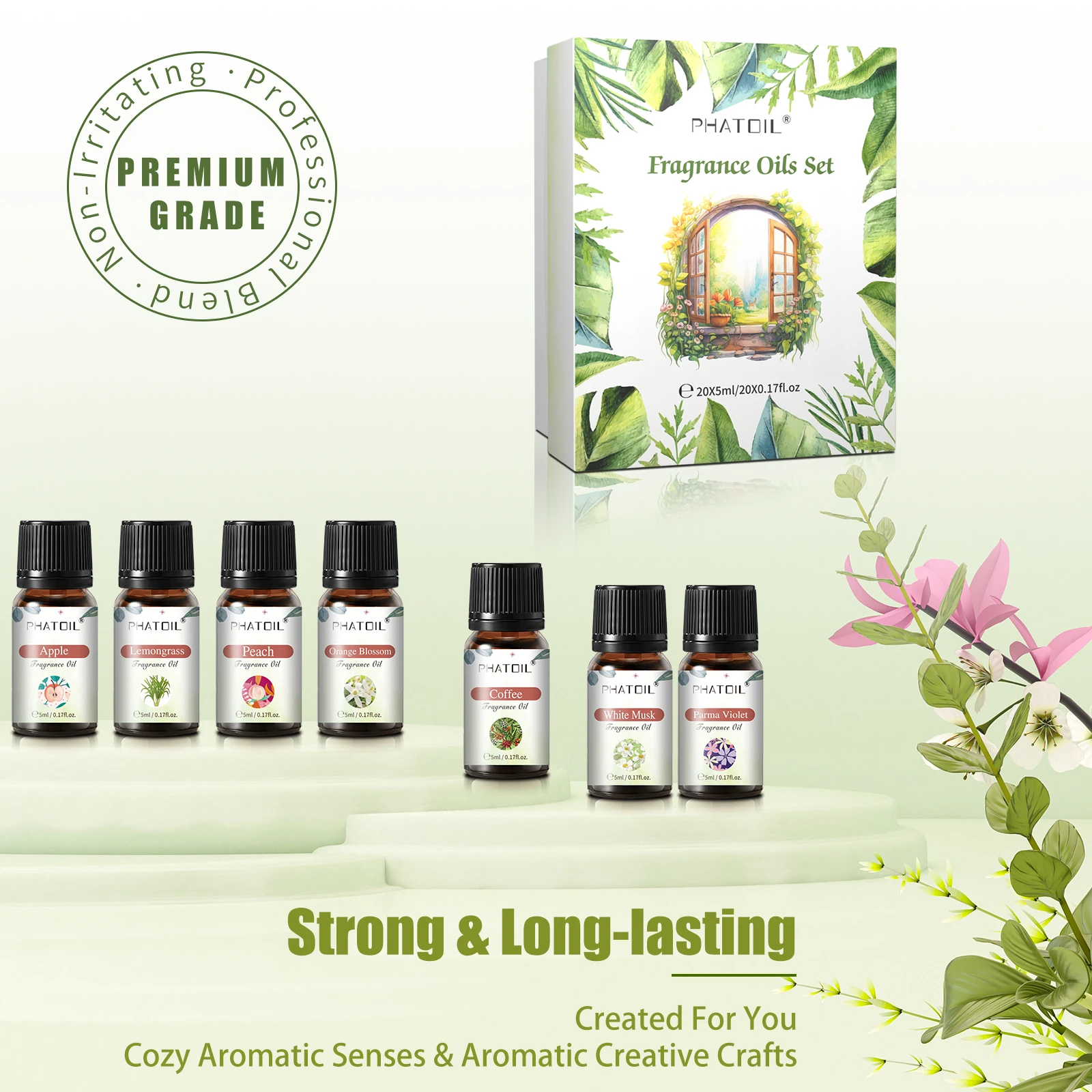 PHATOIL 20PCS Fragrance Oils Set For Diffuser Candle Making 5ml Coconut & Vanilla Lemongrass Strawberry Mango Aromatherapy Oils