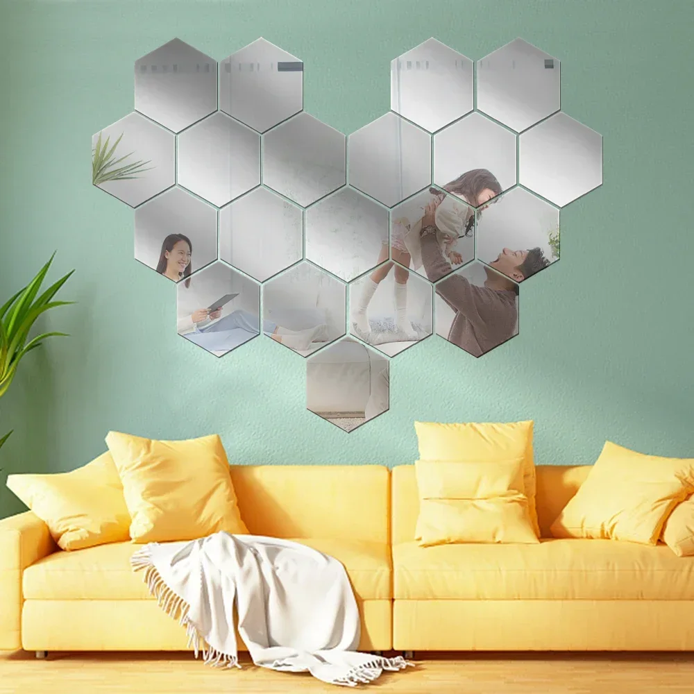 100/1pcs Hexagonal Acrylic Mirror Wall Sticker Mini Mirror Solid Paster Self-adhesive Gold Silver Decals Home Bedroom Art Decor