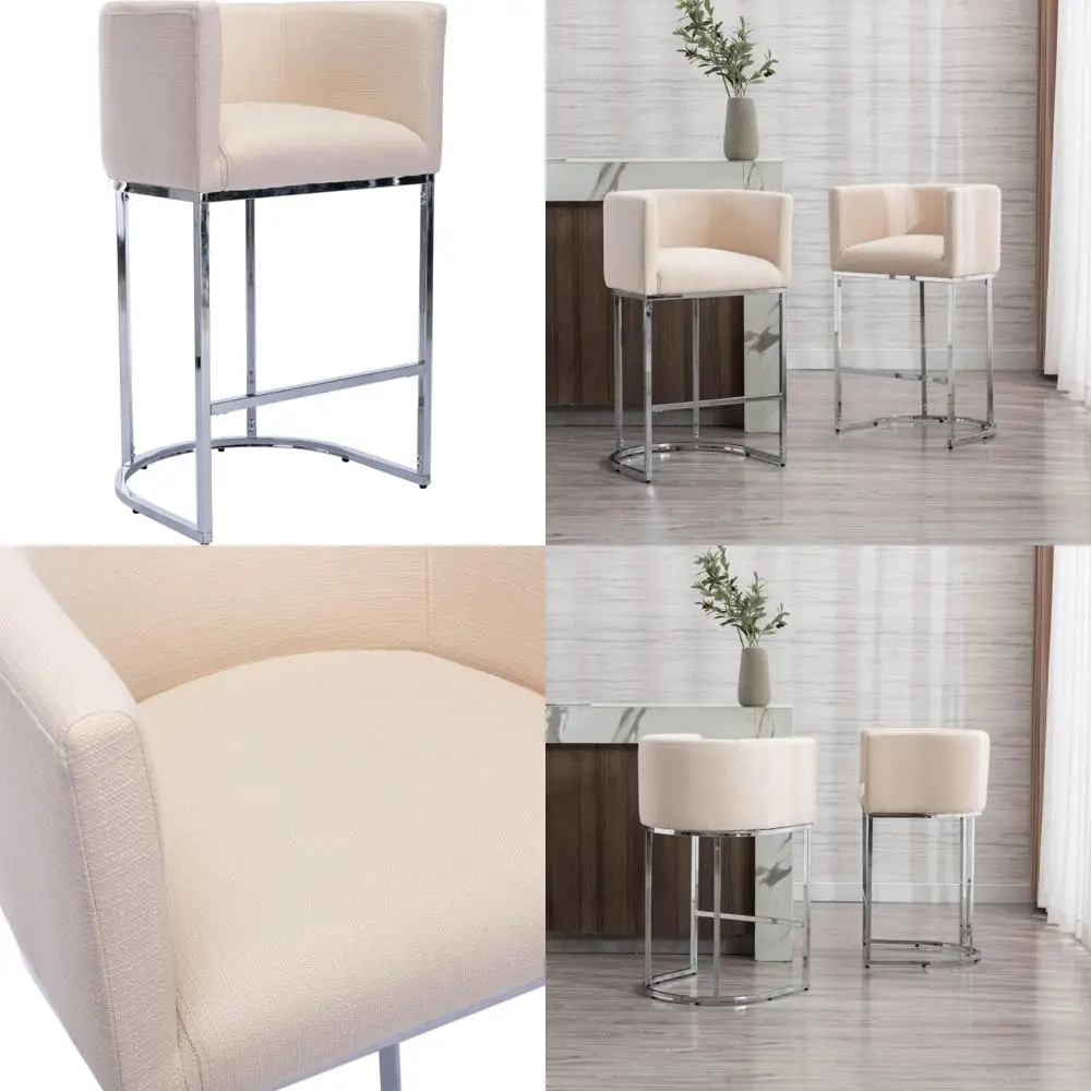 Linen Upholstered Counter Height Bar Stools, 29 Seat Height, Chrome Metal Frame, Kitchen Island Chairs for Modern Dining