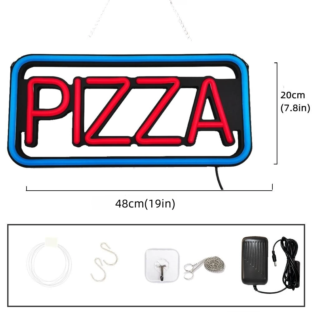Letrero de luz LED de neón para PIZZA, 19 "x 7,8", forma rectangular con luz LED ultrabrillante, señal publicitaria abierta para cafetería
