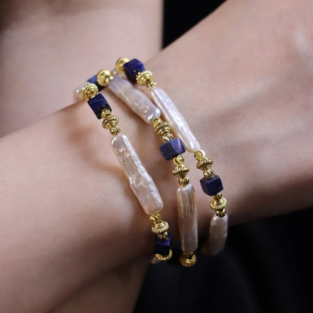

Natural Long Strip Baroque Pearl Strand Necklace Niche Design Lapis Lazuli Bracelet Light Luxury Freshwater Pearl Clavicle Chain