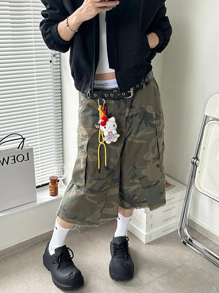 REDDACHiC Patchwork Raw Edge Camouflage Baggy Jorts Men Cargo Pockets High Waist Wash Wide Leg Denim Short Retro Y2k Streetwear