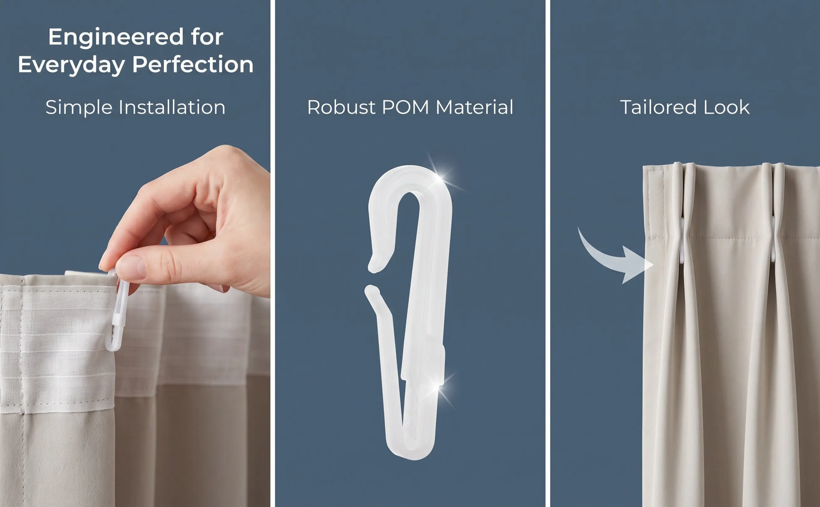 50Pcs Curtain Hooks Pom Material Adjustable Pinch Pleated Drapery Hook for Shower Kitchen Bathroom Hotel Home Decoration