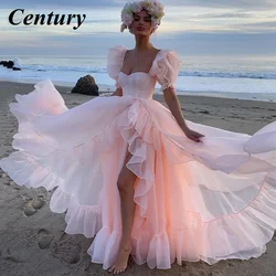 Customized Baby Pink Organza Prom Dress Short Puff Sleeves Ruffles Prom Party Gown Slit Princess Formal Women Party Dresses 2022