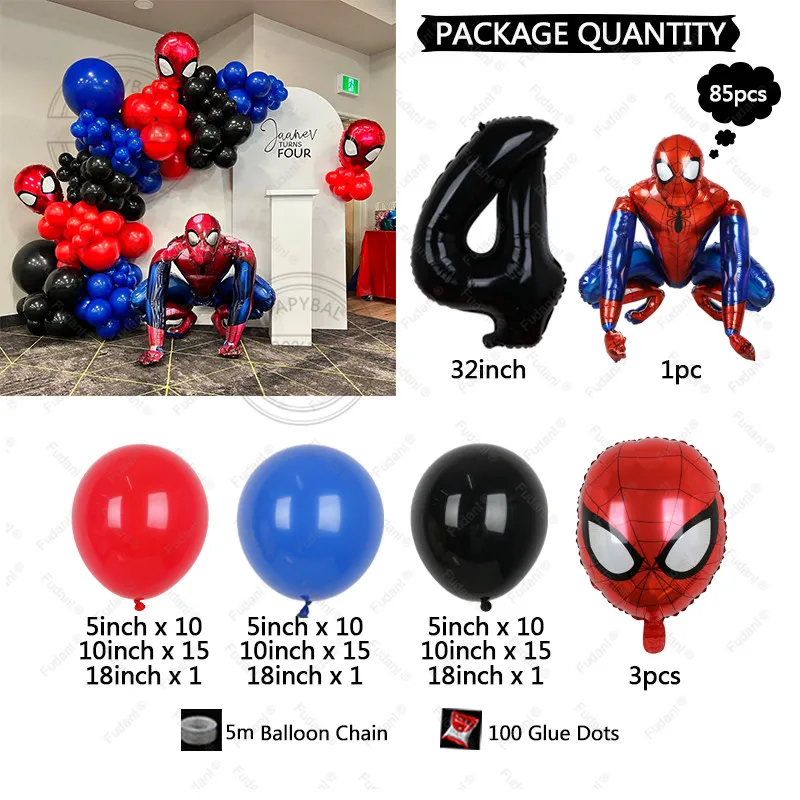 85pcs Red Blue Black Latex Balloon with 3d Spider-Man Balloon Kit Marvel Superhero-themed Balloons for Boy Birthday Party Decor