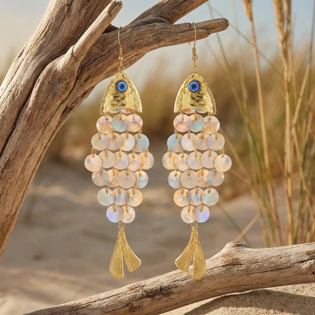 Design Sense Fischförmige Ohrringe Kreative Mehrschichtige Muschel-Quasten-Ohrhänger Nischen-Sommer-Strand-Urlaubsschmuck – Detail 5