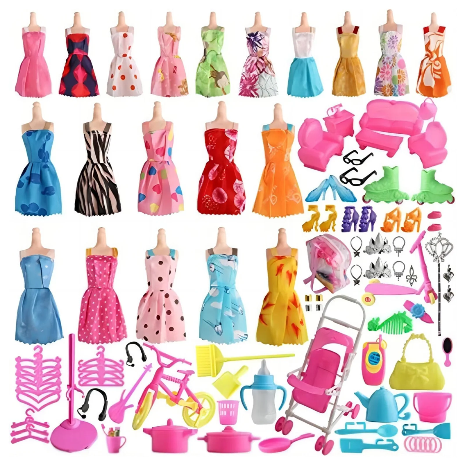 

125pcs Dolls Skirt Accessories for Barbie Doll Clothes Mixed Mini Dress Handbags Hangers Dolls Dressup Clothing Style Kids Toys