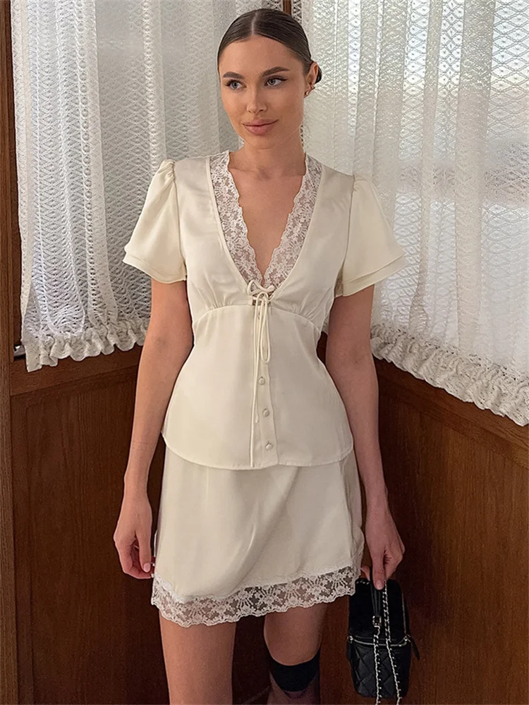 Tossy Satin Lace Patchwork 2 Piece-Set Skirt Women's Lace-Up V-Neck Short Sleeve Top And High Waist Skirt Sets Female Outfits
