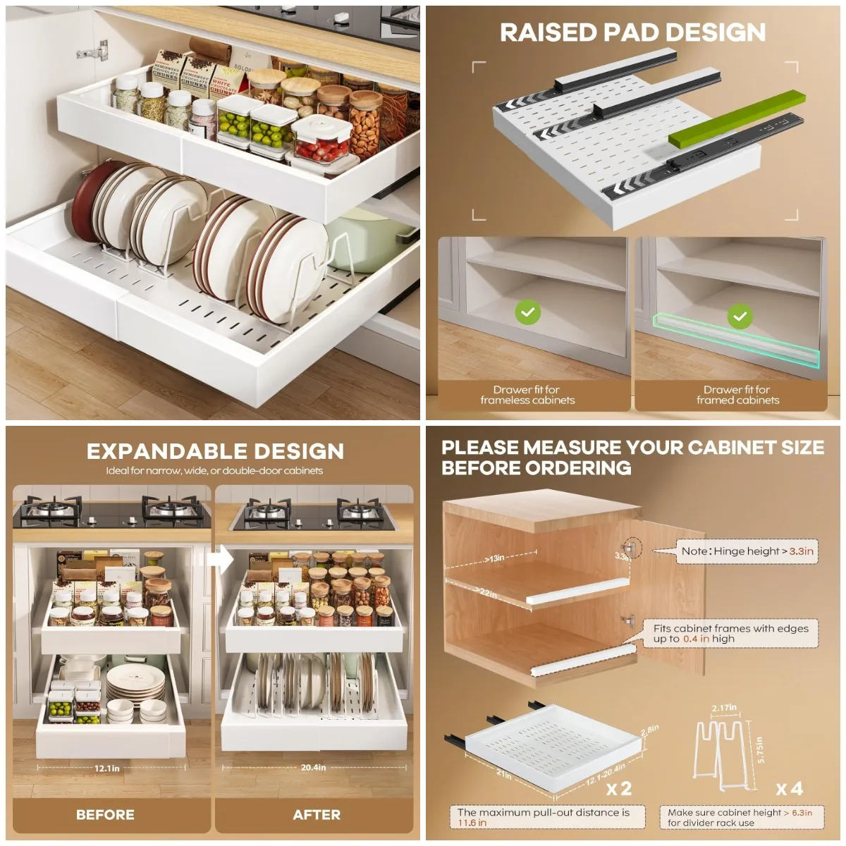 

2 Pack Pull-Out Cabinet Organizer, Expandable Slide-Out Shelves 12.1'-20.4' W, White
