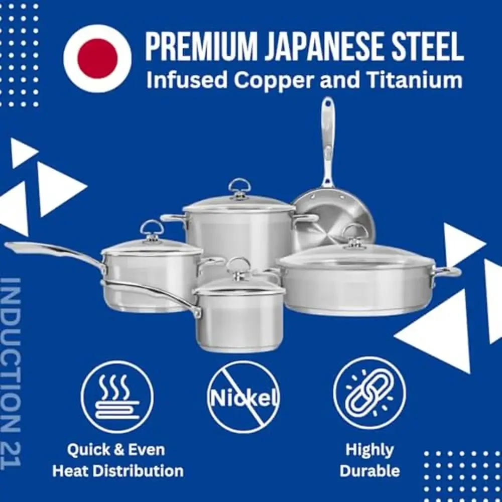 Premium Japanese Steel Cookware Set Induction Compatible Tempered Glass Lids Nickel Free 9 Piece Set