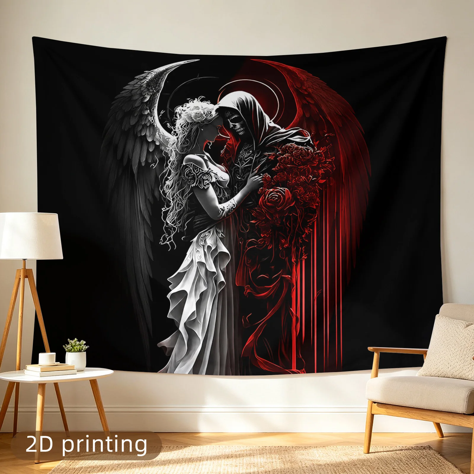 1pc Angel And Grim Reaper Red Black Wings Gothic Love 2D Flat Tapestry Backdrop For Room Decor Dark Art Wall Hanging Print