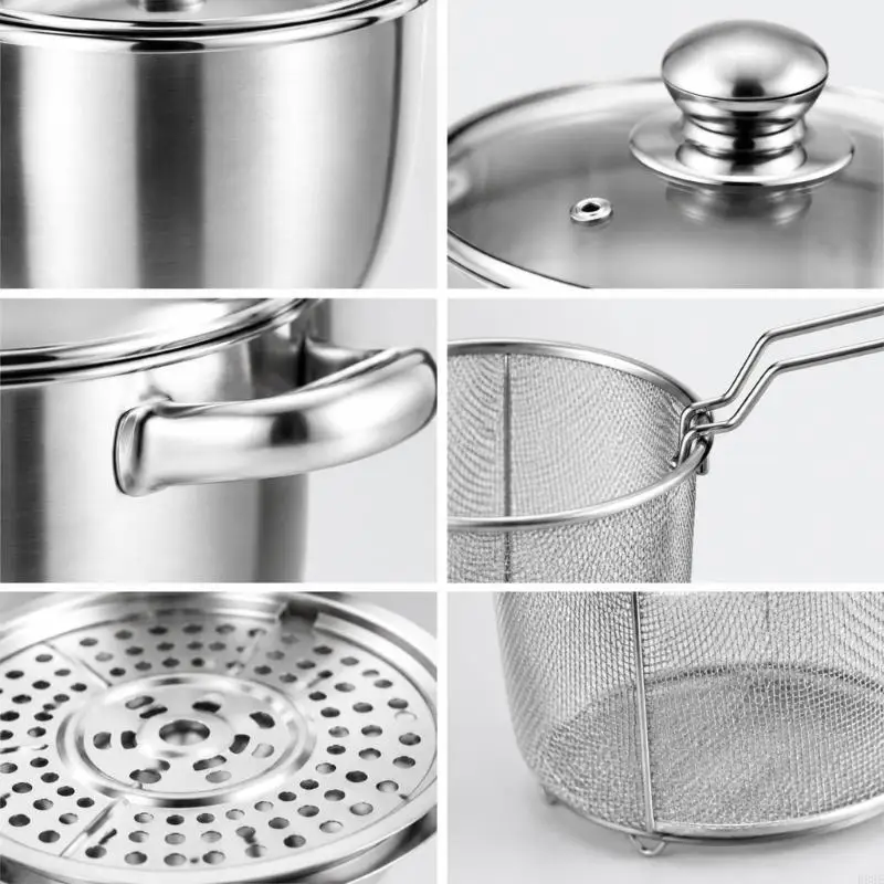 Multipurpose 201-Grade Steel Cooking Pot Set with Removable Frying Basket for Soup, Simmering, Blanching, and Deep-Frying B03E