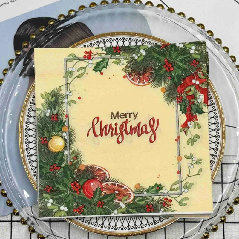 20 Sheets of 33 * 33cm 2Ply Christmas Wreath Themed Printed Napkins, Party Picnic Decoration Paper DIY Decoupage Paper