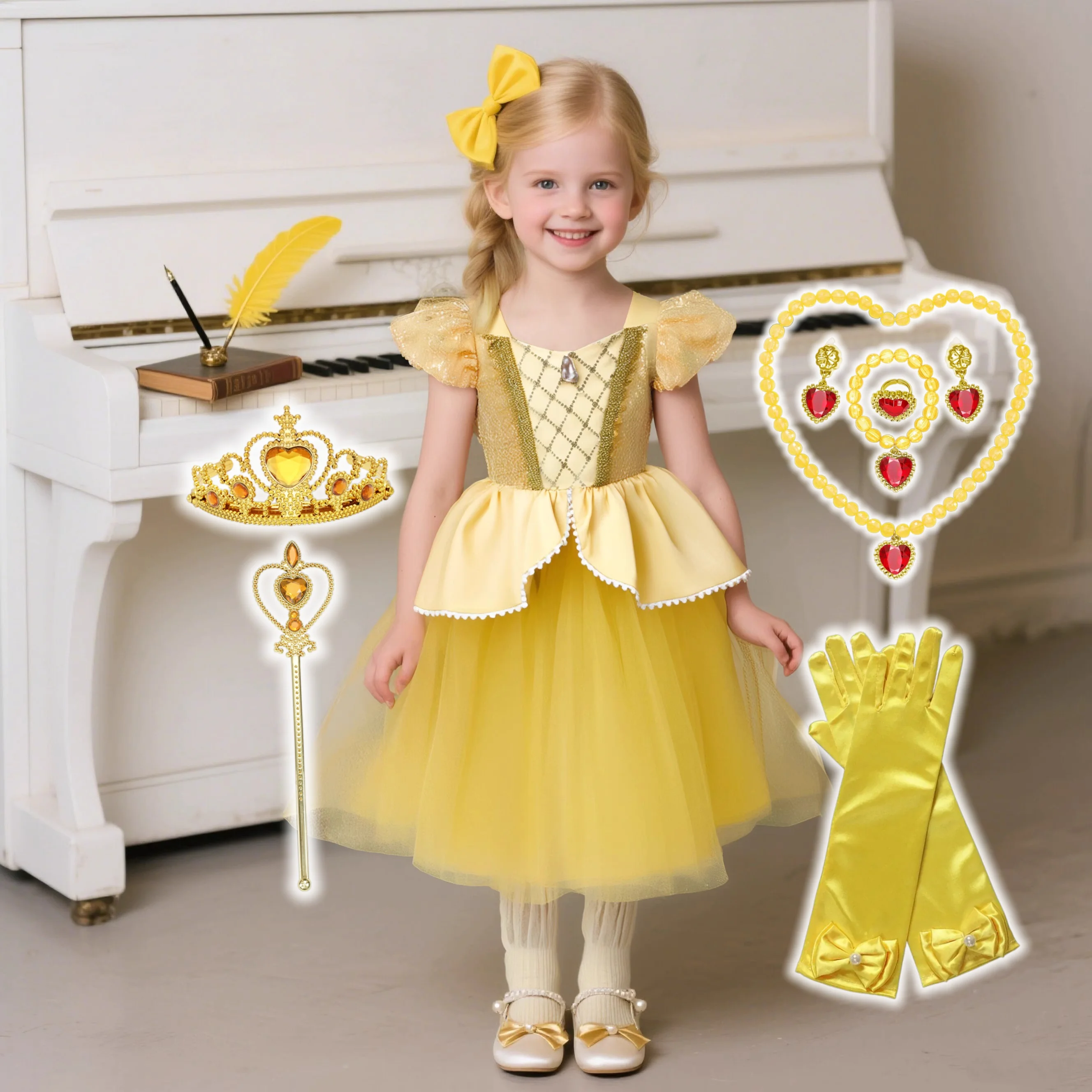 Girls Belle Princess Dress Beauty and the Beast Sequin Tulle Gown Kids Birthday Halloween Cosplay Party Dress