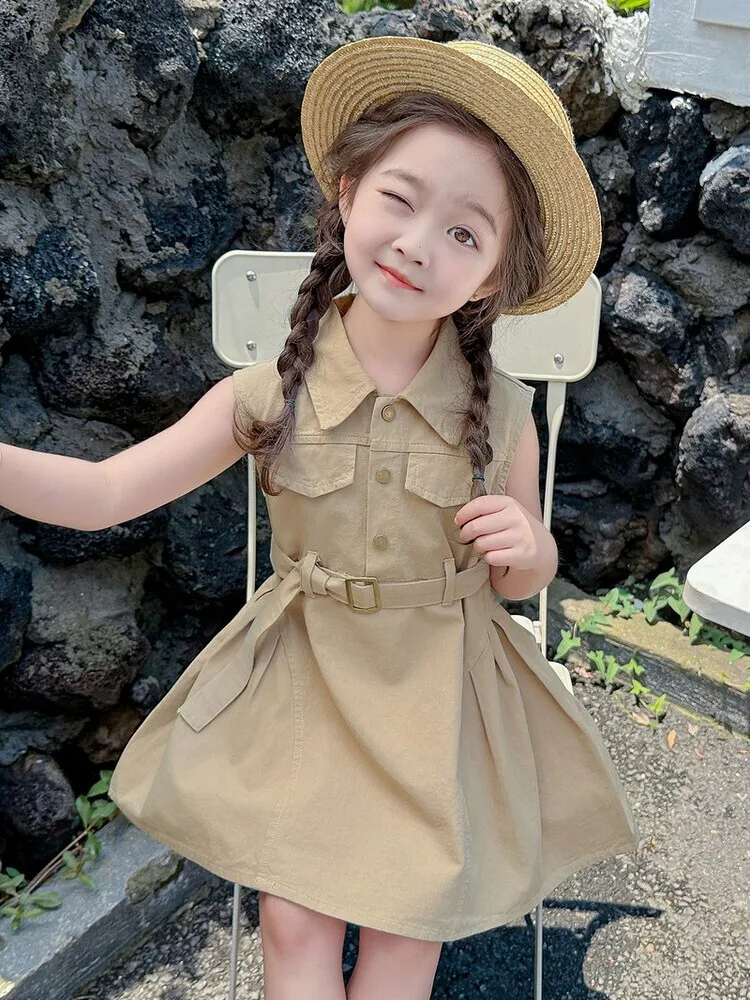 Girl\'s Birthday khaki cotton Sleeveless Dress Summer Thin 2024 New Children\'s Fashionable Loose Waist Tank Top Casual Dresses