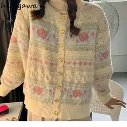 Japanese Knitted Cardigan Coat Pull Femme O-neck Vintage Sueter Mujer Hollow Out Print Loose Knitwear Sweater Tops Women Clothes