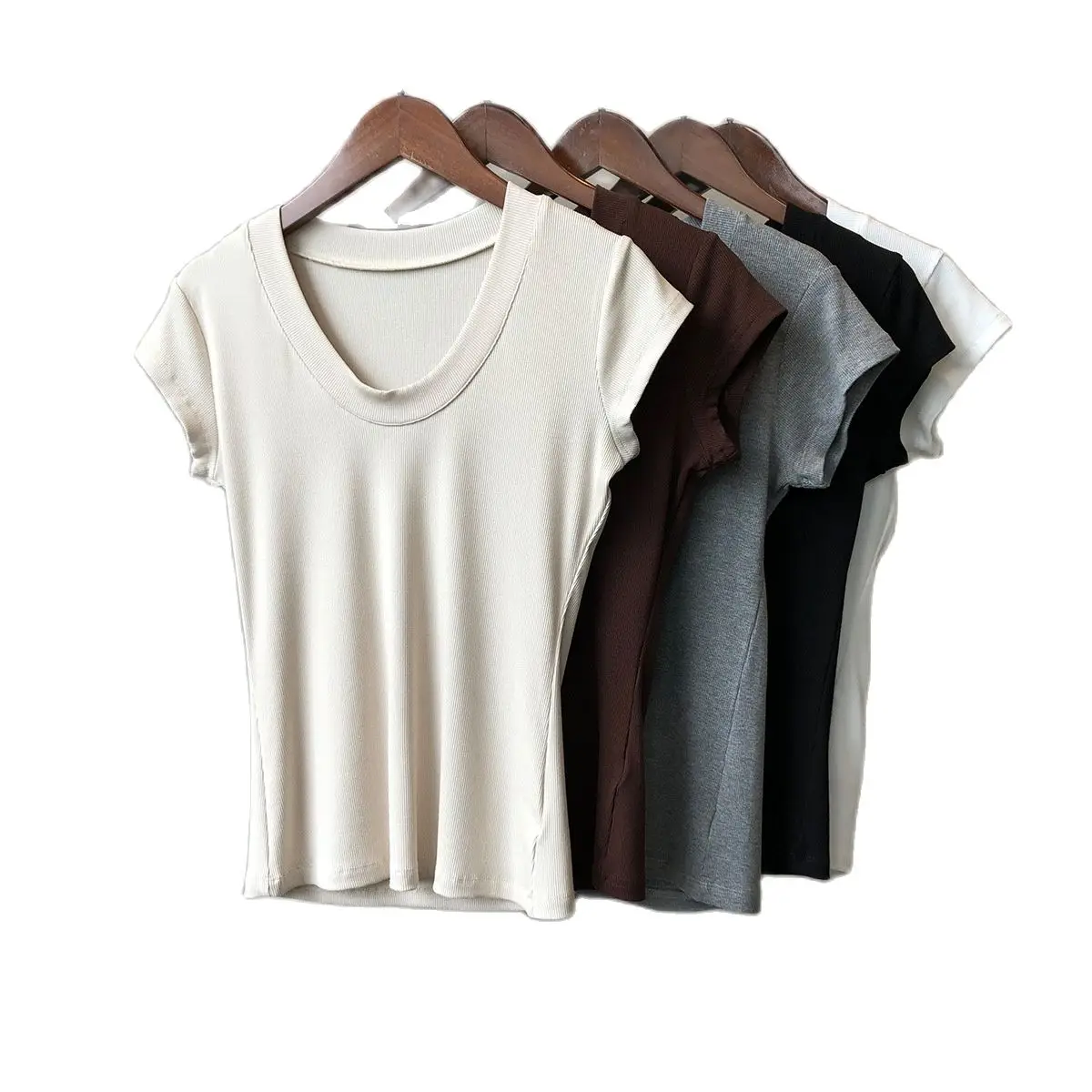 Solid Color T-shirt Women Classic Design Summer Simple U-neck Slimming Fit Stretch Tees Short Sleeve Tops Pullover Dropshiping