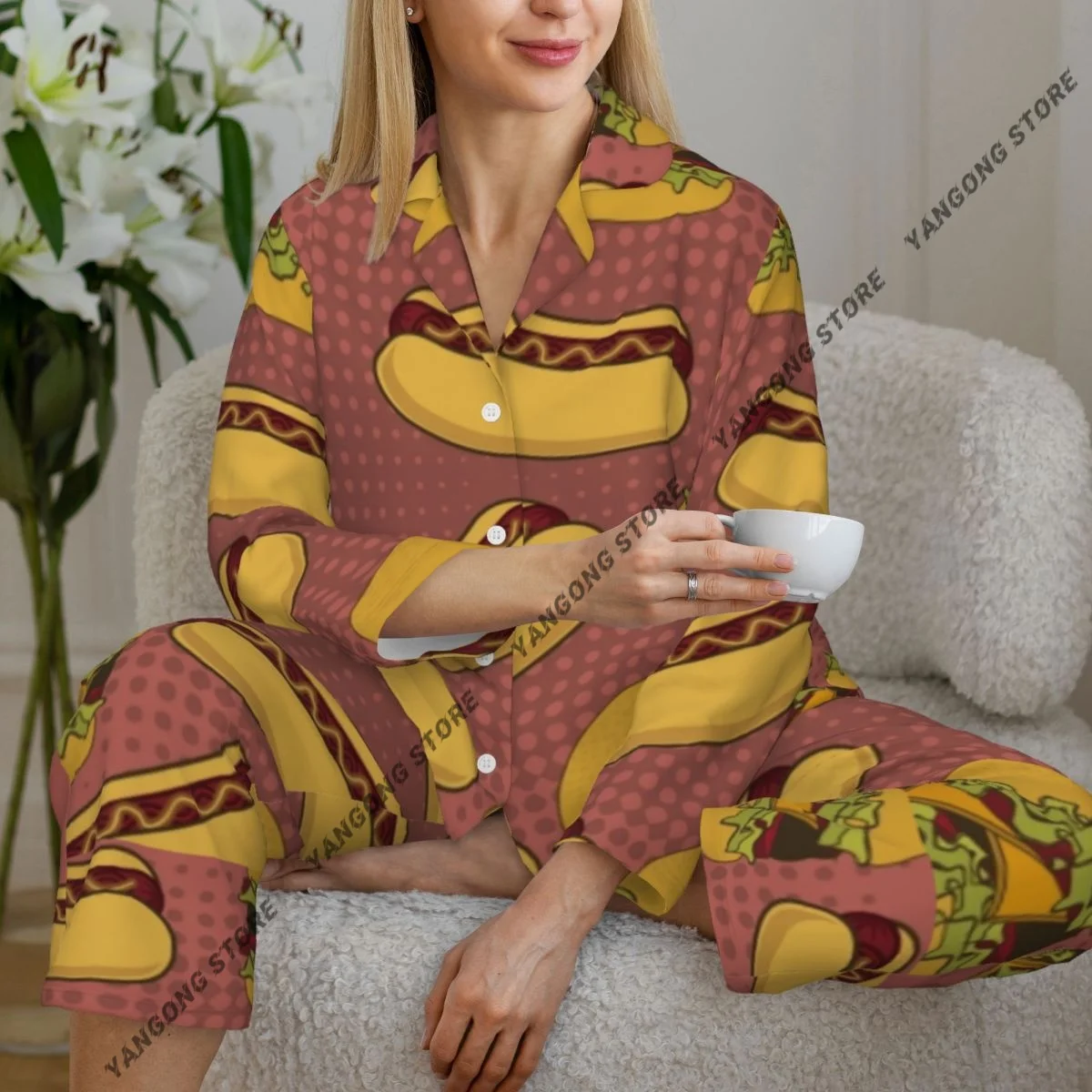 

Женская одежда для сна, пижамы для хот-догов, пижама с длинными рукавами, женский комплект, пеньюар, кардиган, костюм