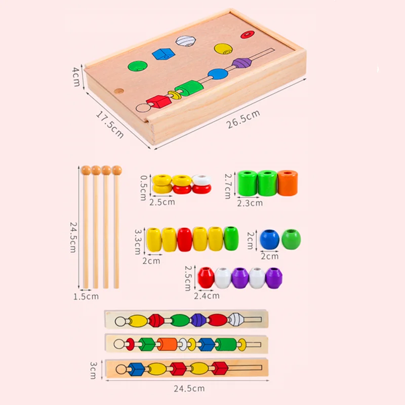 Montessori Educational Games Colorful Shape Stick Bead  Set Blocks Wooden Toys for Children Baby Brinquedo