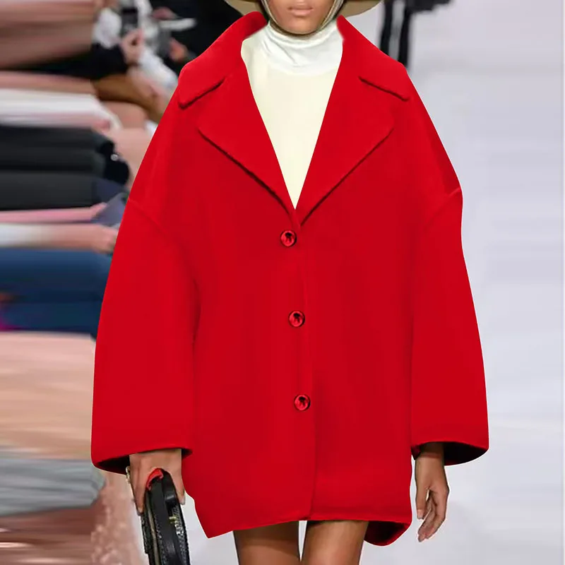 

Модные темпераментные женские куртки с лацканами, элегантная свободная верхняя одежда для поездок на работу, простое однотонное зимнее шерстяное пальто с длинными рукавами