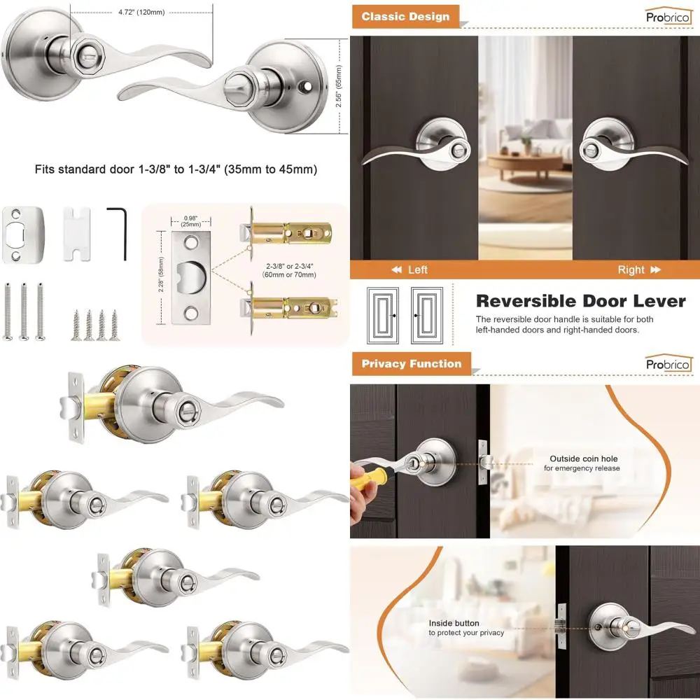 

Атласные никелевые волнистые внутренние дверные рычаги с замком без ключа, 6 дверных ручек для ванной и кровати