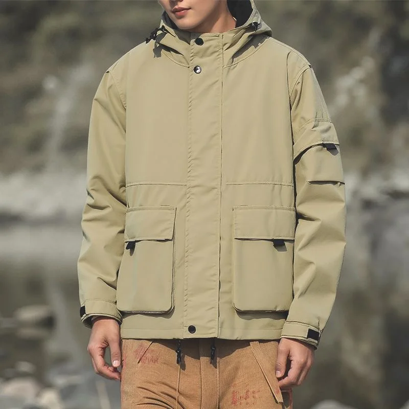 

Autumn and Spring New Pure Color Outdoor Sports Waterproof Workwear Jacket Men's Casual Loose Plus Size High Quality Hooded Coat