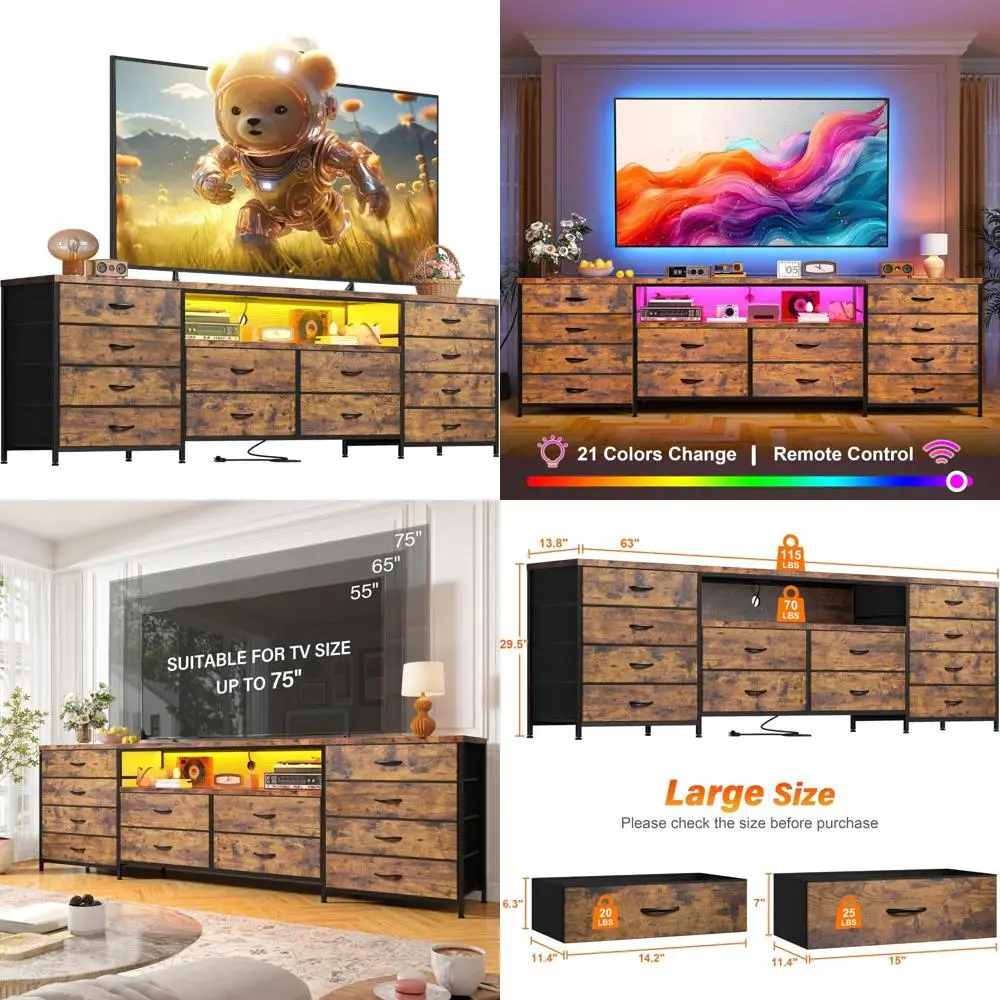 LED-Lit 63 Wide TV Stand Console with Power Outlets for 65-70 Inch TVs, Bedroom-Friendly Fabric Dresser, 12ft Long