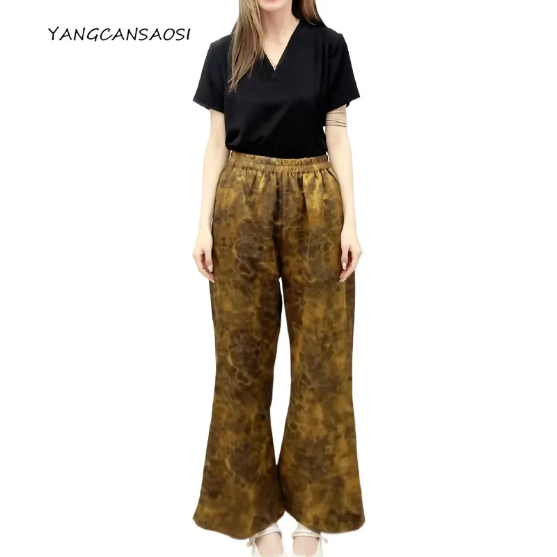 

Women's Fashion Clothing 45MM Heavy 79% Natural Mulberry Silk Gambiered Guangdong Gauze Elastic Waist Gold Straight Leg Pants