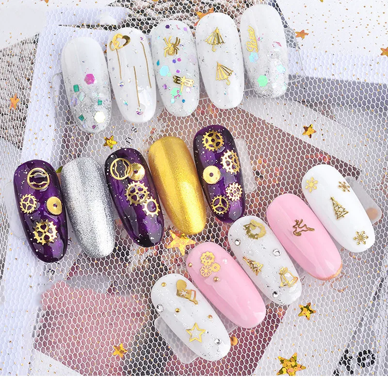 1 scatola 3D decorazione per unghie in metallo forma mista fiori dorati croce foglie ciondoli fai da te paillettes in metallo gioielli accessori per unghie