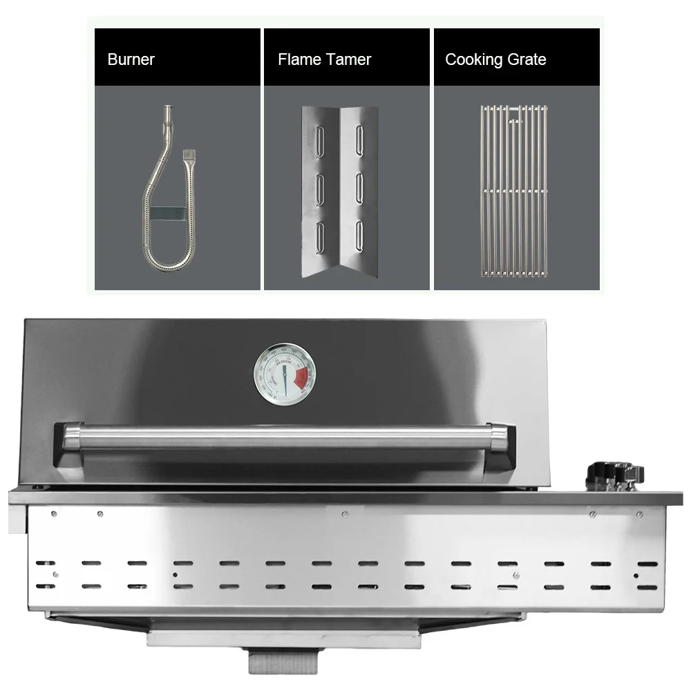 Heavy Duty Luxury Premium Modern SUS304 Black Stainless Steel Drop-in Outdoor Barbecue BBQ Grill with 3 Burners LPG NG Gas Lid