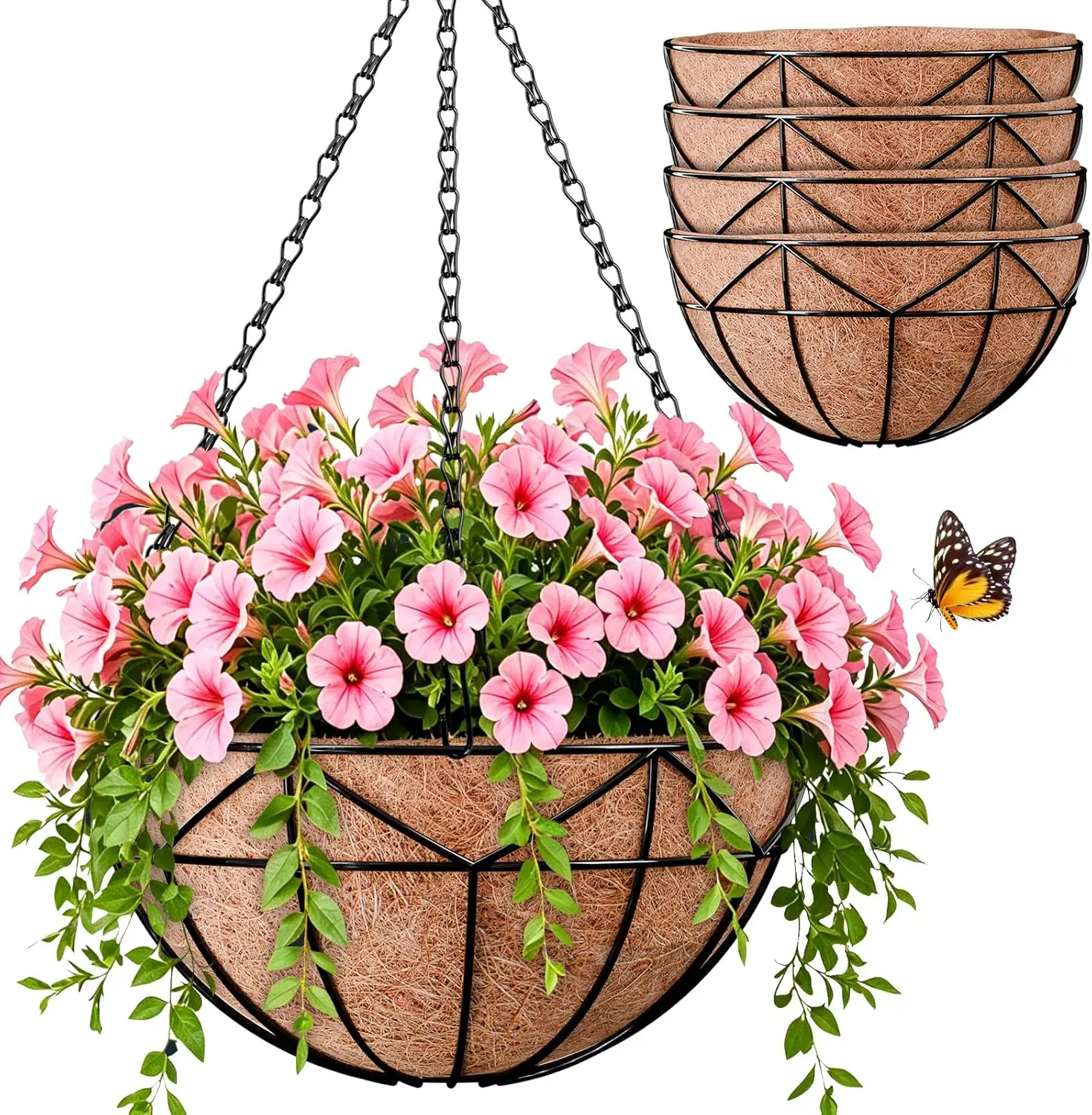 4 Pack Hanging Planters (14") Metal for Outdoor, Balcony, Garden, Patio, Fence Plants